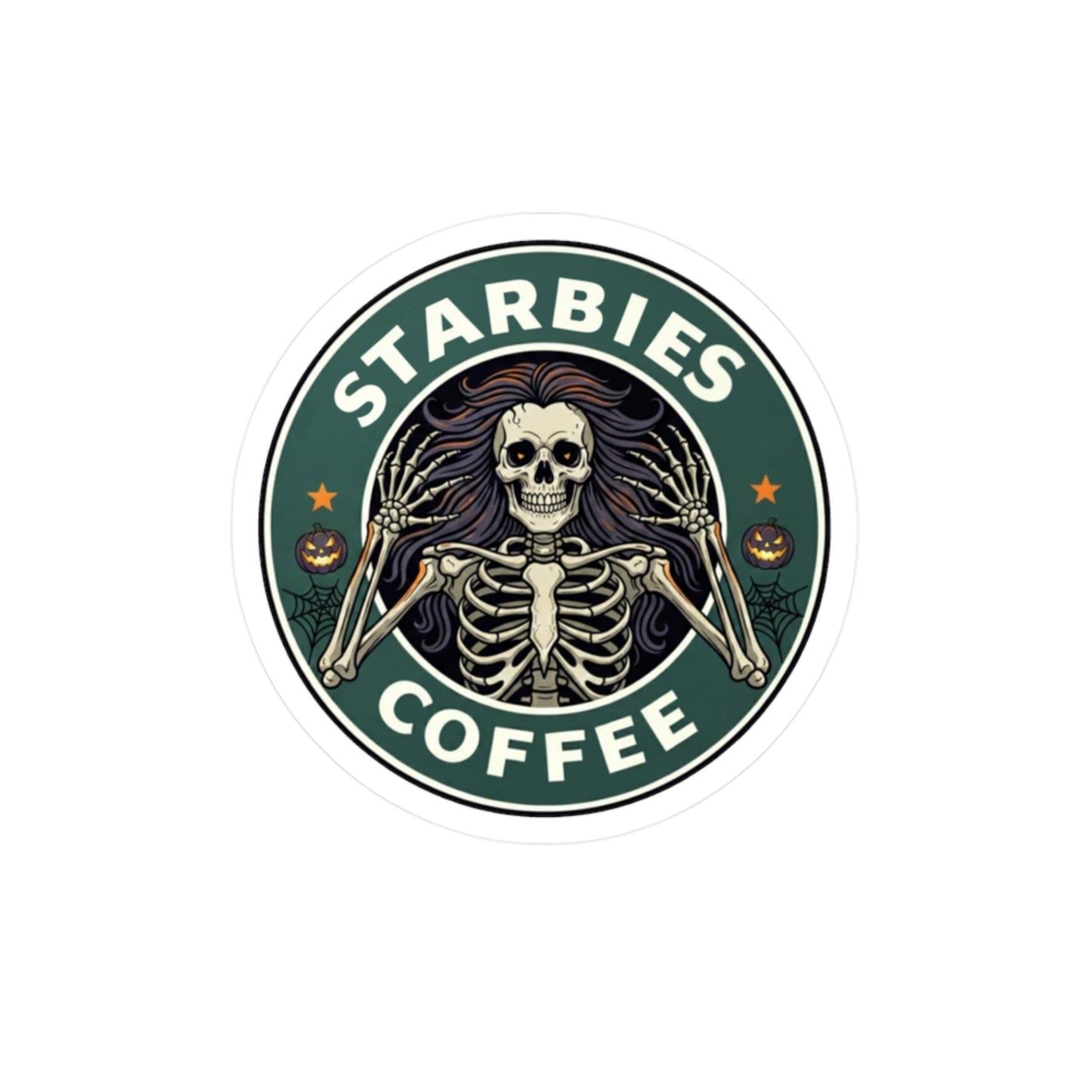 Starbies Coffee Skeleton Sticker — Kiss-Cut Vinyl Decal for Laptops, Mugs & Car Windows