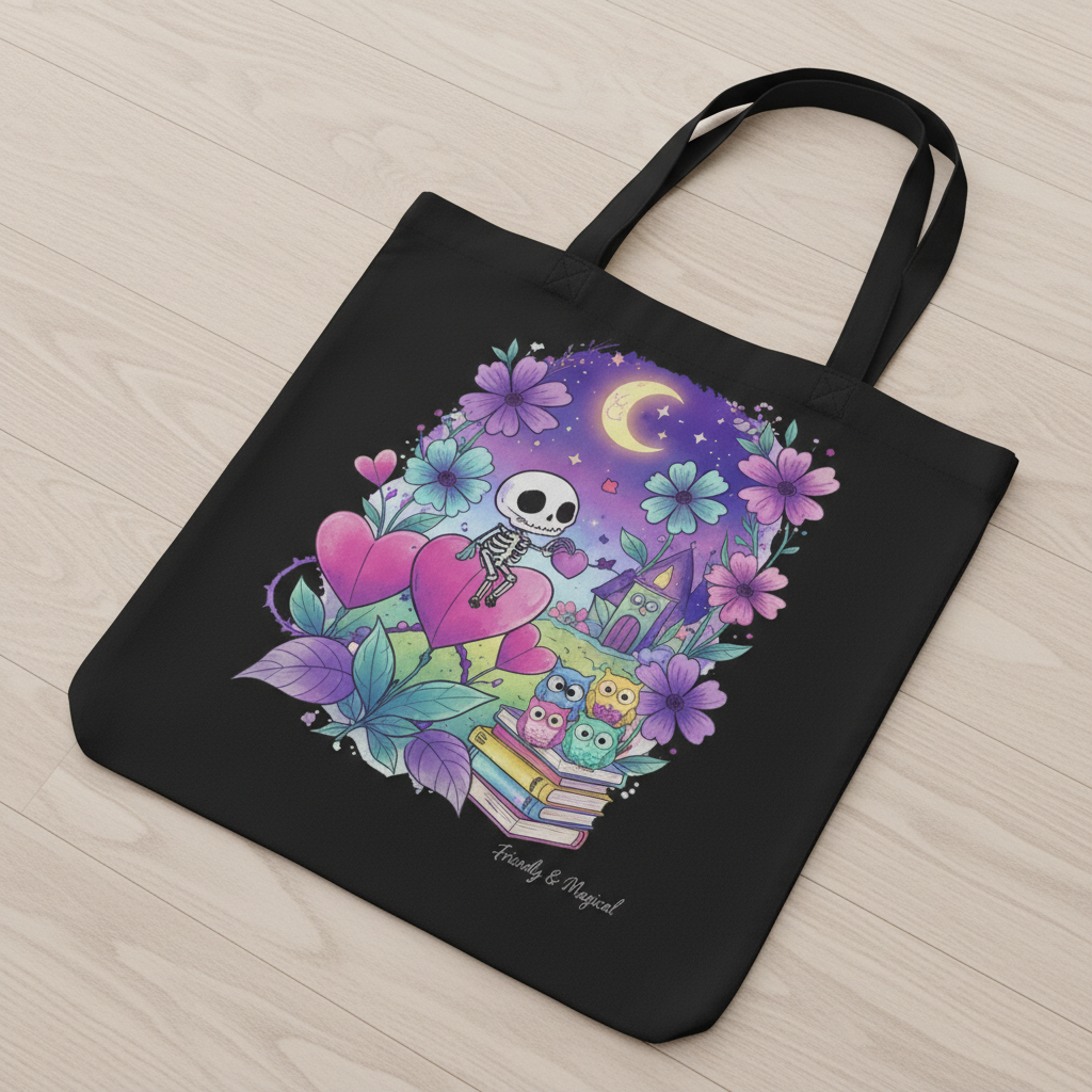 Pastel Goth Skeleton Tote Bag | Whimsical Spooky Cute Witchy Book Bag | Magical Night Garden Skeleton Art Gift | Eco-Friendly Reusable Tote