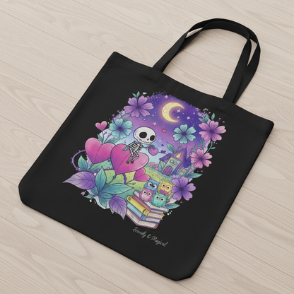 Pastel Goth Skeleton Tote Bag | Whimsical Spooky Cute Witchy Book Bag | Magical Night Garden Skeleton Art Gift | Eco-Friendly Reusable Tote