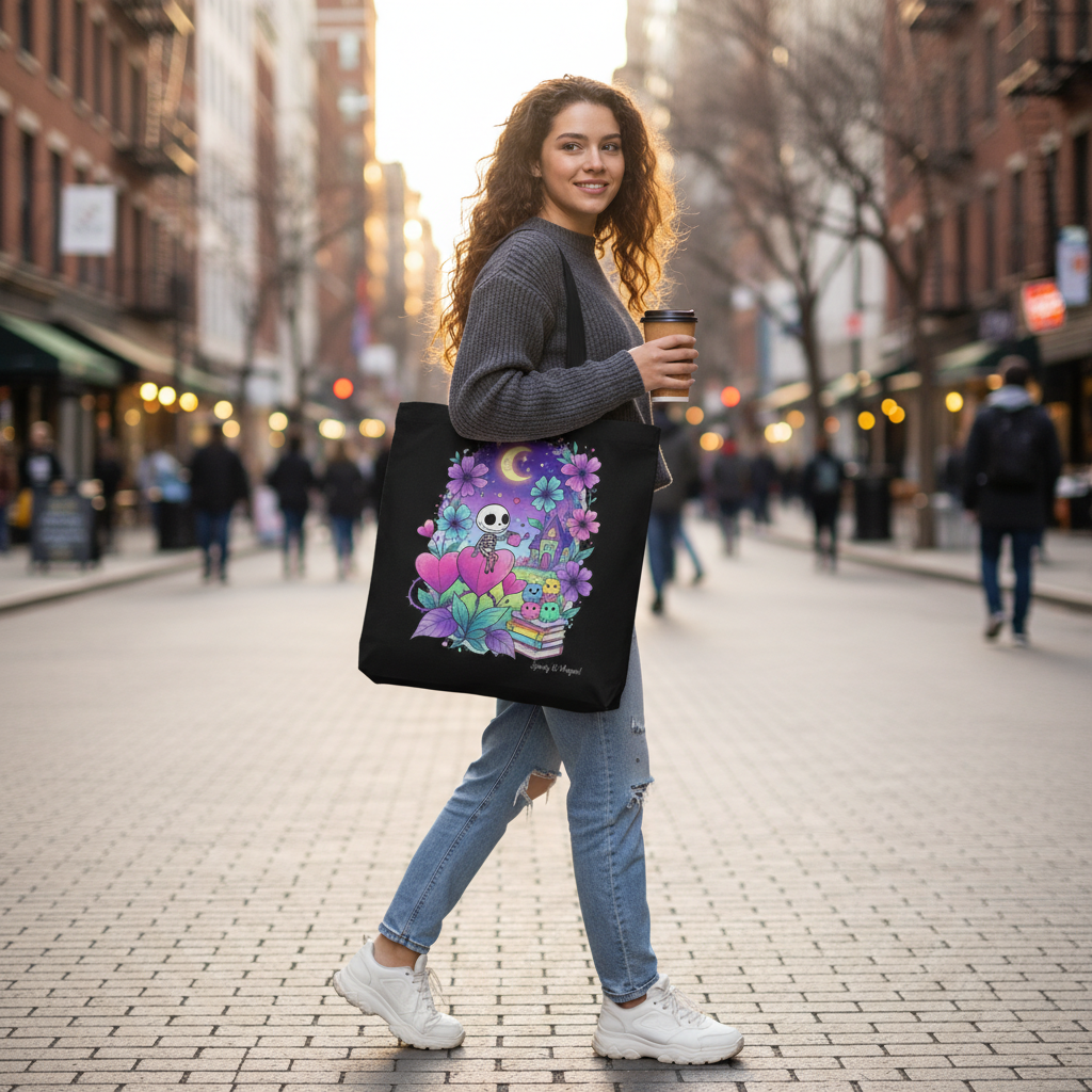 Pastel Goth Skeleton Tote Bag | Whimsical Spooky Cute Witchy Book Bag | Magical Night Garden Skeleton Art Gift | Eco-Friendly Reusable Tote