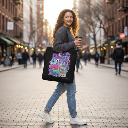 Pastel Goth Skeleton Tote Bag | Whimsical Spooky Cute Witchy Book Bag | Magical Night Garden Skeleton Art Gift | Eco-Friendly Reusable Tote