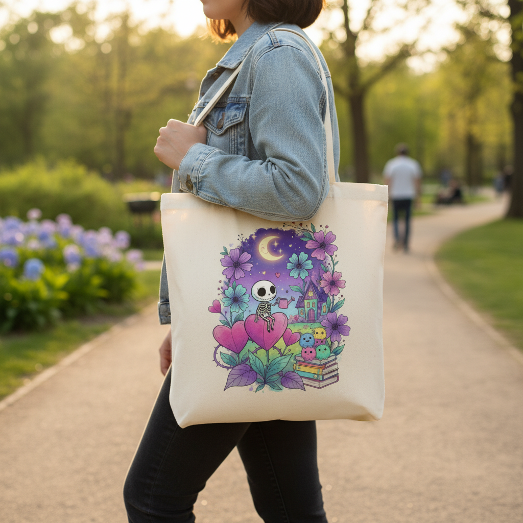 Pastel Goth Skeleton Tote Bag | Whimsical Spooky Cute Witchy Book Bag | Magical Night Garden Skeleton Art Gift | Eco-Friendly Reusable Tote