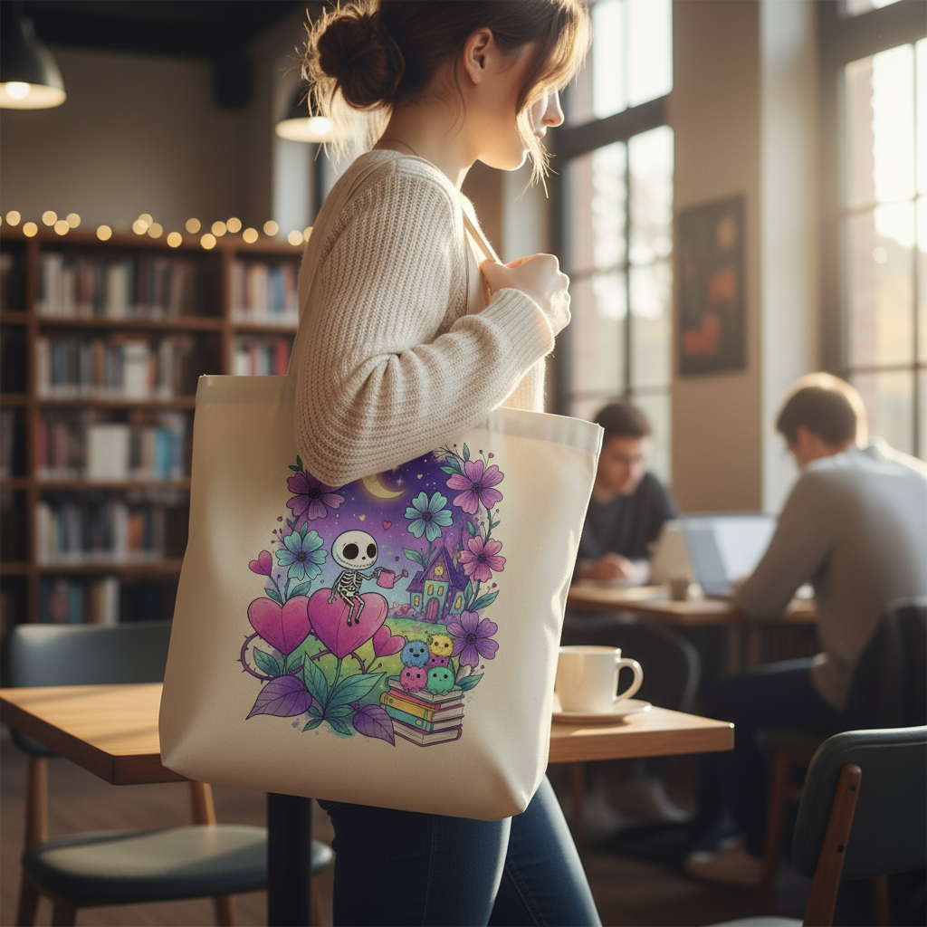Pastel Goth Skeleton Tote Bag | Whimsical Spooky Cute Witchy Book Bag | Magical Night Garden Skeleton Art Gift | Eco-Friendly Reusable Tote
