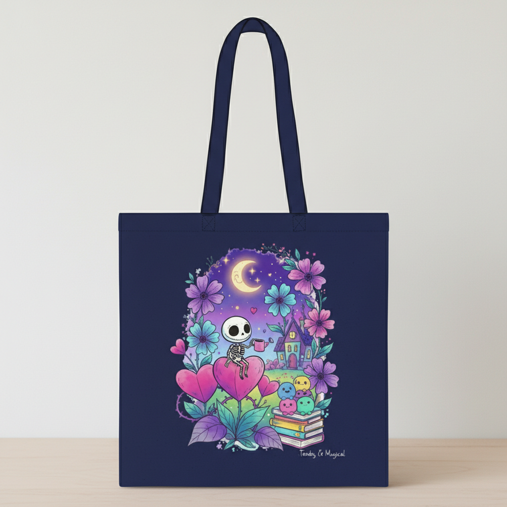 Pastel Goth Skeleton Tote Bag | Whimsical Spooky Cute Witchy Book Bag | Magical Night Garden Skeleton Art Gift | Eco-Friendly Reusable Tote