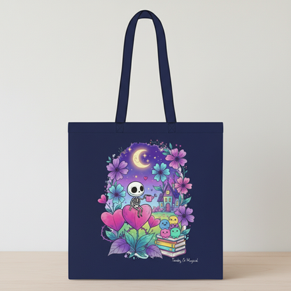 Pastel Goth Skeleton Tote Bag | Whimsical Spooky Cute Witchy Book Bag | Magical Night Garden Skeleton Art Gift | Eco-Friendly Reusable Tote
