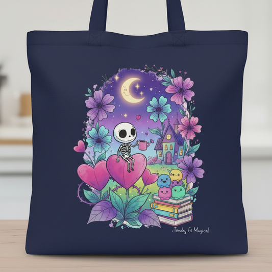Pastel Goth Skeleton Tote Bag | Whimsical Spooky Cute Witchy Book Bag | Magical Night Garden Skeleton Art Gift | Eco-Friendly Reusable Tote