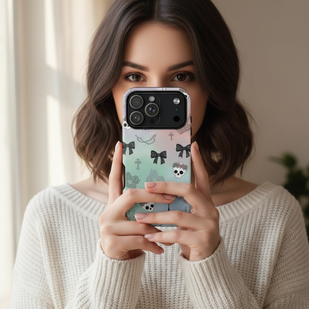 Pastel Goth Phone Case for Samsung & iPhone | Aesthetic Skull and Bows Cover | Soft Grunge Witchy Gift | Dual Layer Tough Protective Case