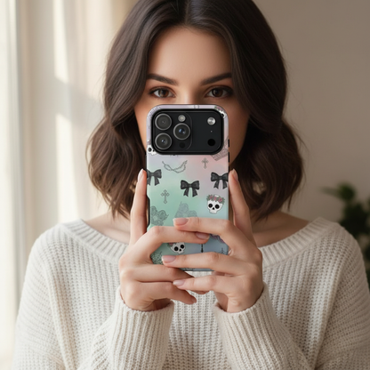 Pastel Goth Phone Case for Samsung & iPhone | Aesthetic Skull and Bows Cover | Soft Grunge Witchy Gift | Dual Layer Tough Protective Case