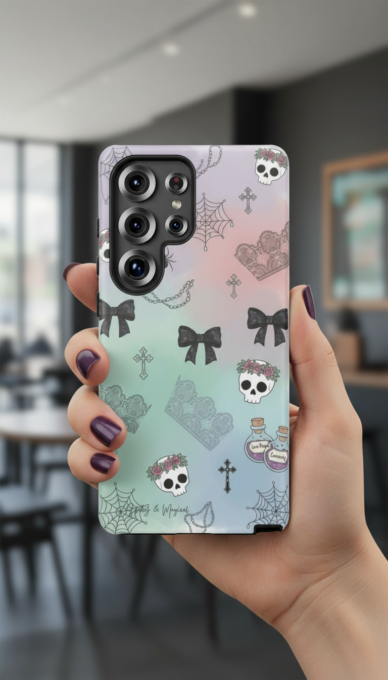Pastel Goth Phone Case for Samsung & iPhone | Aesthetic Skull and Bows Cover | Soft Grunge Witchy Gift | Dual Layer Tough Protective Case