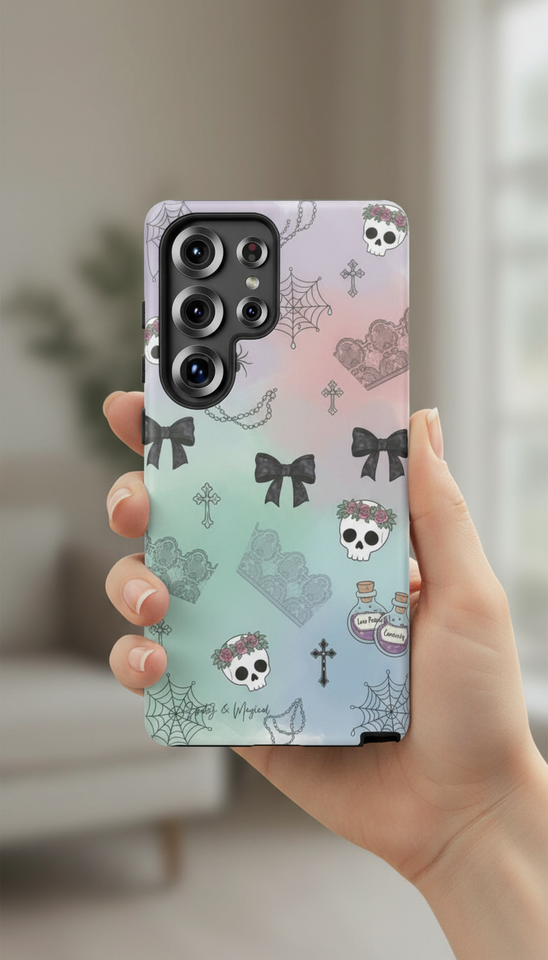 Pastel Goth Phone Case for Samsung & iPhone | Aesthetic Skull and Bows Cover | Soft Grunge Witchy Gift | Dual Layer Tough Protective Case