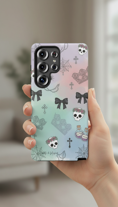 Pastel Goth Phone Case for Samsung & iPhone | Aesthetic Skull and Bows Cover | Soft Grunge Witchy Gift | Dual Layer Tough Protective Case