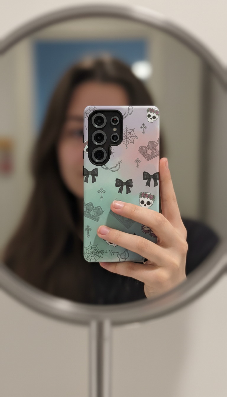 Pastel Goth Phone Case for Samsung & iPhone | Aesthetic Skull and Bows Cover | Soft Grunge Witchy Gift | Dual Layer Tough Protective Case