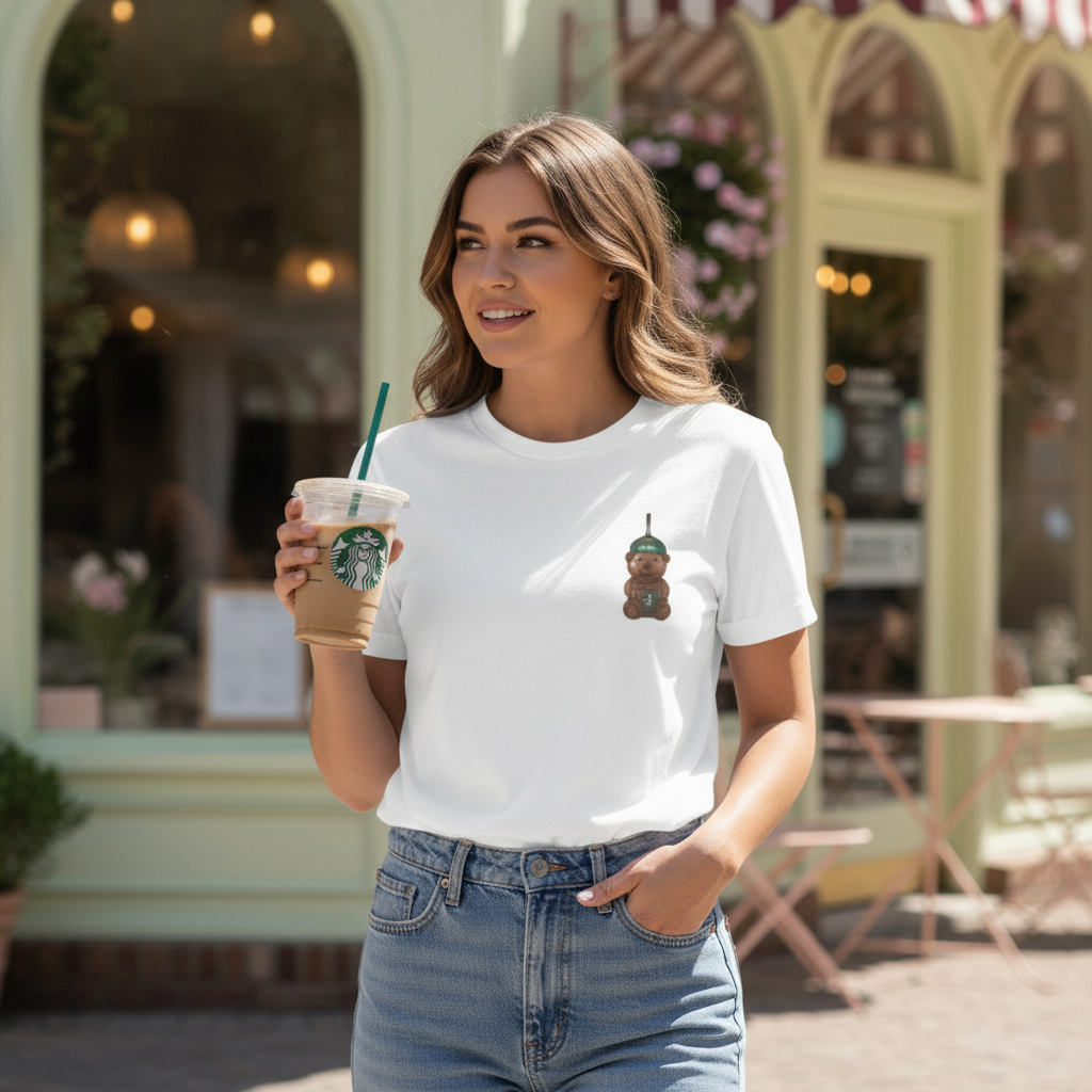 Bearista Starbies Chest Print T-Shirt | Cute Aesthetic Coffee Lover Gift | Retro Honey Bottle Graphic Tee | Minimalist Unisex Viral tiktok