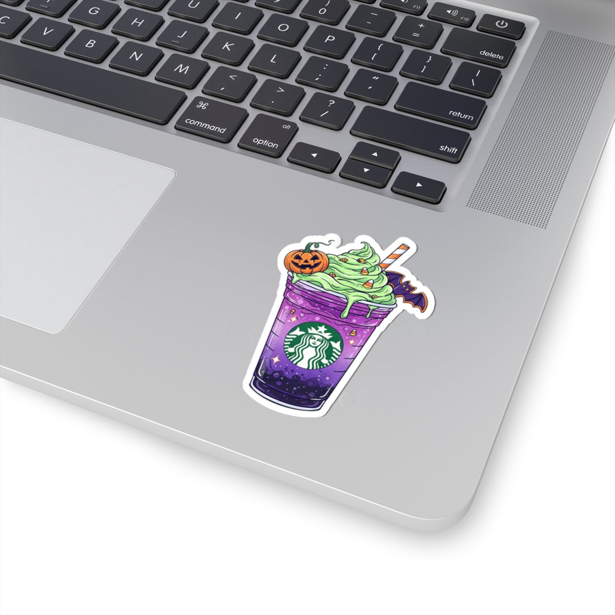 Halloween Purple Frappuccino Kiss-Cut Sticker — Pumpkin & Bat Coffee Decal