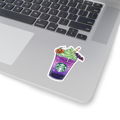 Halloween Purple Frappuccino Kiss-Cut Sticker — Pumpkin & Bat Coffee Decal
