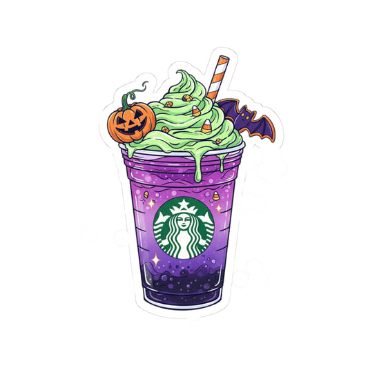 Halloween Purple Frappuccino Kiss-Cut Sticker — Pumpkin & Bat Coffee Decal