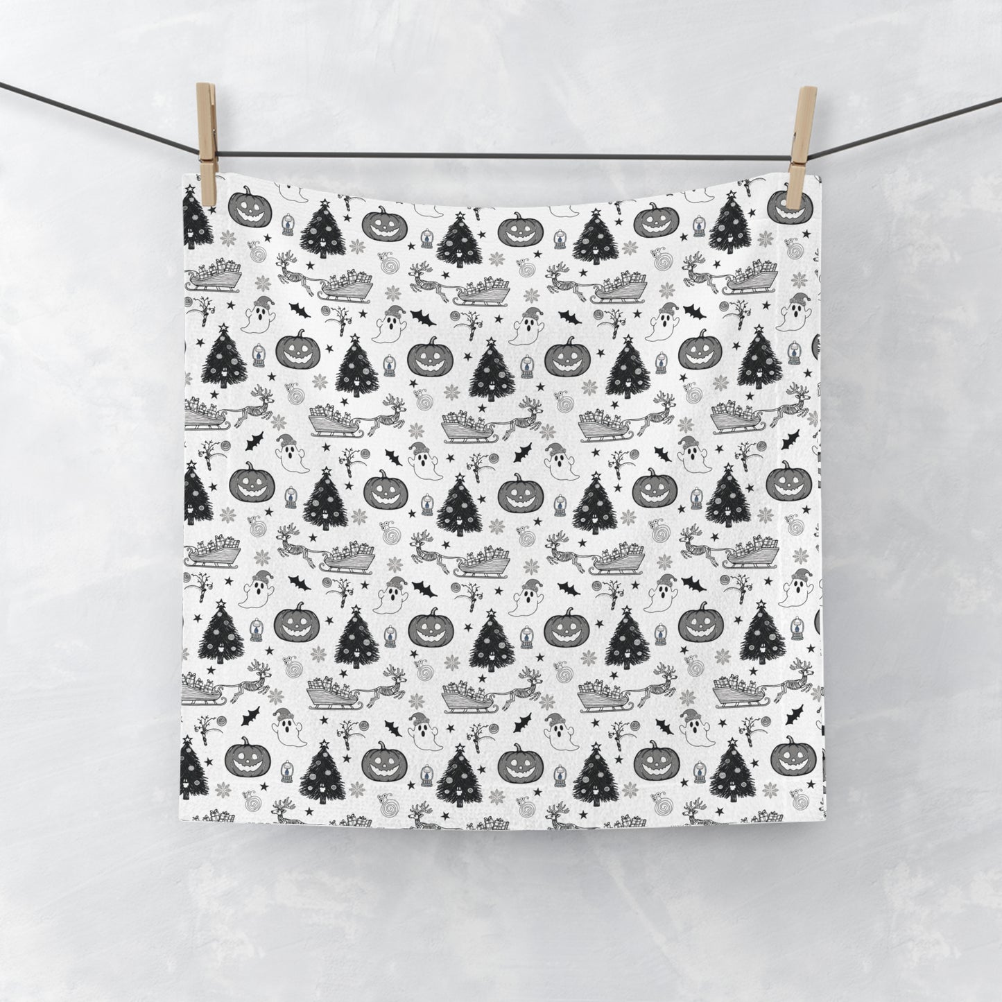 Christmas Ghostly fun towel, Holiday Pattern Face Towel | Pumpkin Witch Hat Ghosts